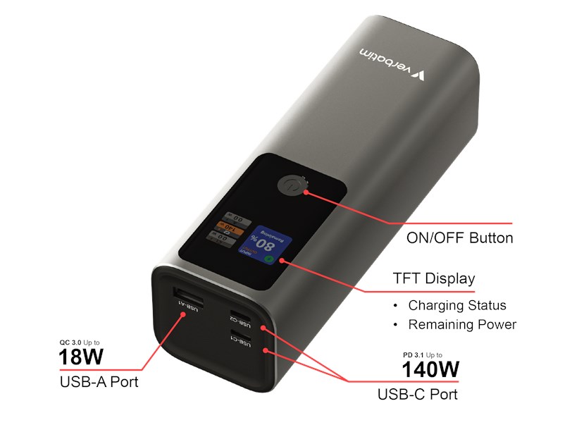 Verbatim Powerbank 27000mAH Charge 'n' Go 183W max, Dual USB-C® port, 1xUSB-A, Smart digital TFT display