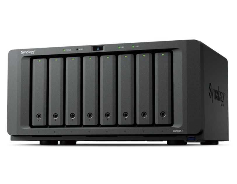 Synology DS1825+ DiskStation 8-bay All-in-1 NAS server, AMD Ryzen V1500B, 8GB RAM, 	RJ-45 2.5GbE, 2.5" SSD/3.5" HDD/M.2 podrška, Hot Swappable HDD, Wake on LAN/WAN, 3×USB 3.2, 2×USB-C
