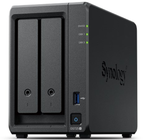 Synology DS725+ DiskStation 2-bay All-in-1 NAS server, AMD Ryzen R1600, 4 GB RAM, 2.5"SSD/3.5" HDD podrška, Hot Swappable HDD, Wake on LAN/WAN, 1×RJ-45 2.5GbE, 1x RJ-45 1GbE, USB3.2 Gen 1