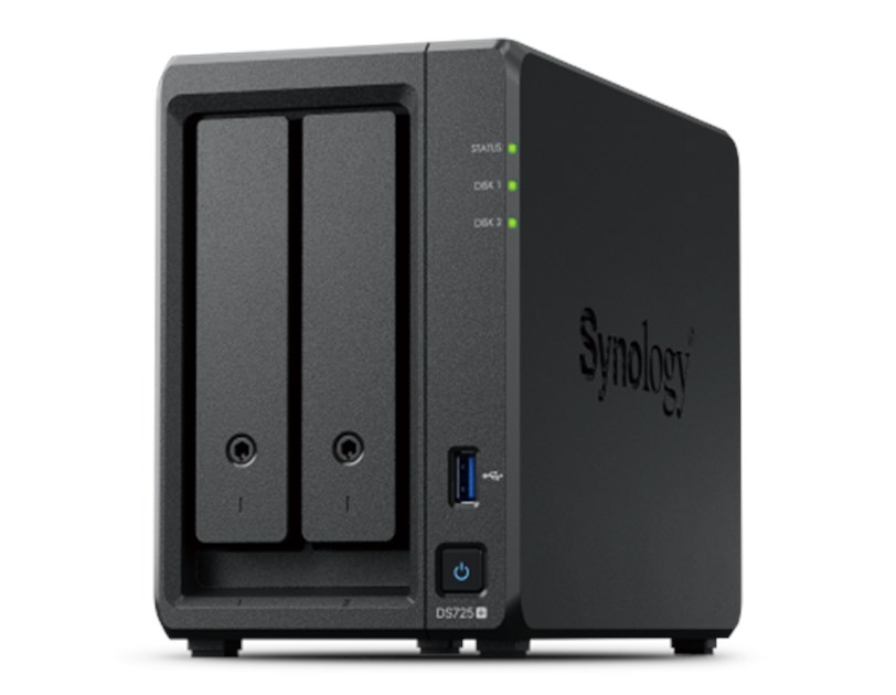 Synology DS725+ DiskStation 2-bay All-in-1 NAS server, AMD Ryzen R1600, 4 GB RAM, 2.5"SSD/3.5" HDD podrška, Hot Swappable HDD, Wake on LAN/WAN, 1×RJ-45 2.5GbE, 1x RJ-45 1GbE, USB3.2 Gen 1