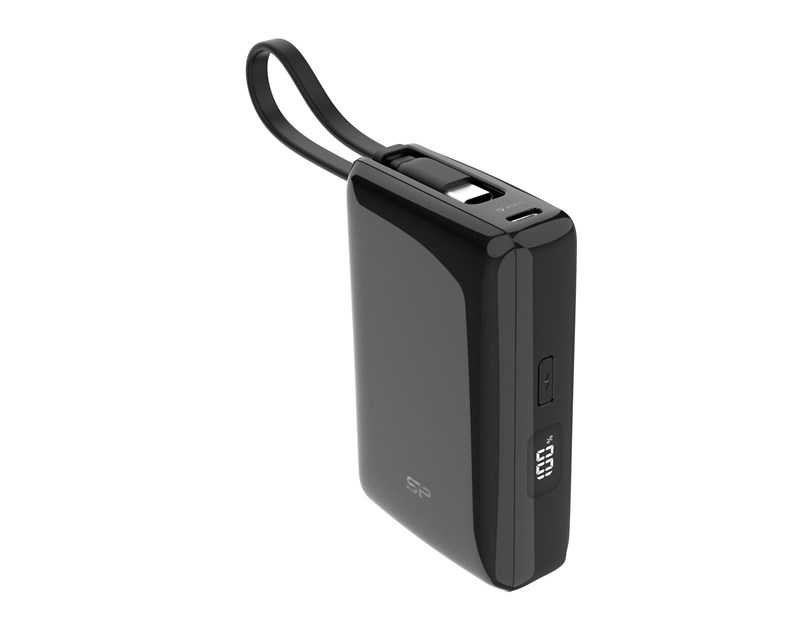 Silicon Power Powerbank CP10, 10000mAh, 20W, built in USB-C cable, USB-C+USB-A port, crni