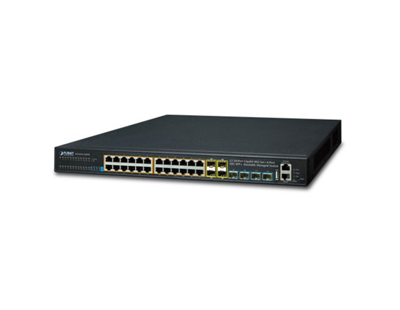 PLANET Layer 3 24-Port 10/100/1000T 802.3at PoE with 4-port shared 100/1000X SFP + 4-Port 10G SFP+ Stackable Managed Gigabit Switch