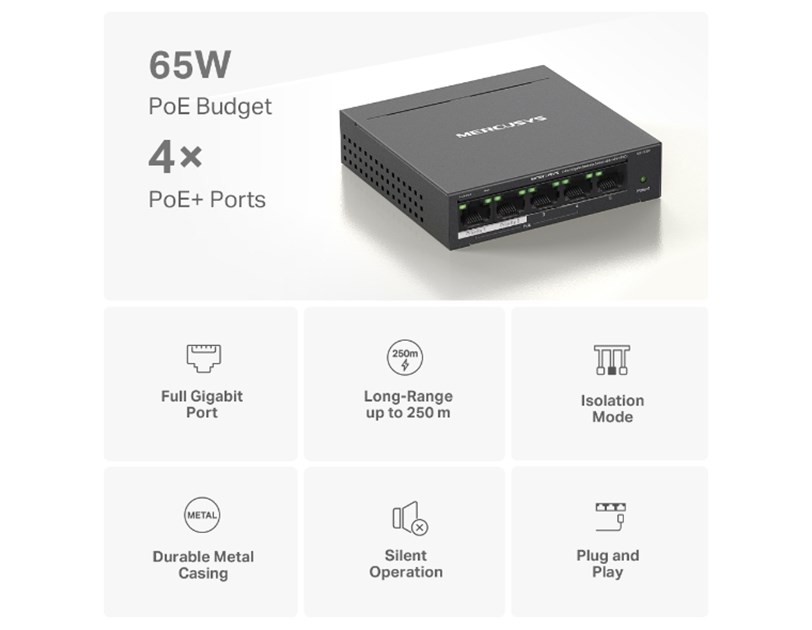 Mercusys 5-Port Gigabit Desktop preklopnik (Switch) 4× Gigabit PoE+, 1× Gigabit Non-Po, Plug & Play, metalno kučište 