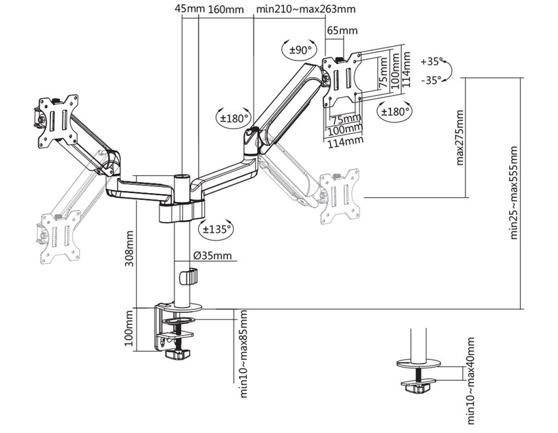 BIT FORCE stolna ručka za 2 monitora s plinskom oprugom BRACKET DMG-32-2M
