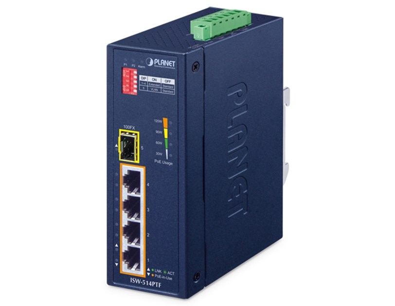 PLANET IP40 4-Port 10/100TX 802.3at PoE + 1-Port 100FX SFP Industrial Fast Ethernet Switch