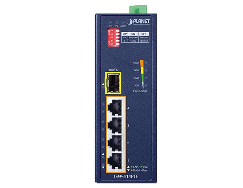 PLANET IP40 4-Port 10/100TX 802.3at PoE + 1-Port 100FX SFP Industrial Fast Ethernet Switch