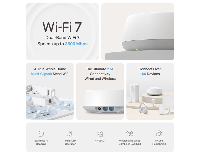 TP-Link BE3600 Tri-Band Whole Home Mesh WiFi 7, 688Mbps/4324 Mbps (2.4GHz/5GHz) 2×2.5 Gbps port, Deco App