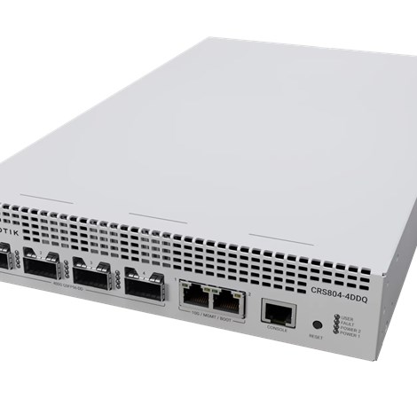 Mikrotik Cloud Router Switch CRS804-4DDQ-hRM, 48xG-LAN (svi PoE-out), 2x10G SFP+, 4x400G QSFP56-DD utora, RouterOS v7, 1U rackmount, IP20