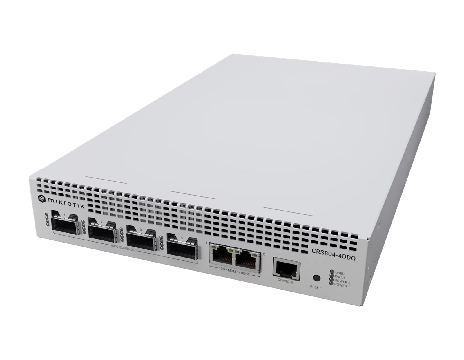 Mikrotik Cloud Router Switch CRS804-4DDQ-hRM, 48xG-LAN (svi PoE-out), 2x10G SFP+, 4x400G QSFP56-DD utora, RouterOS v7, 1U rackmount, IP20