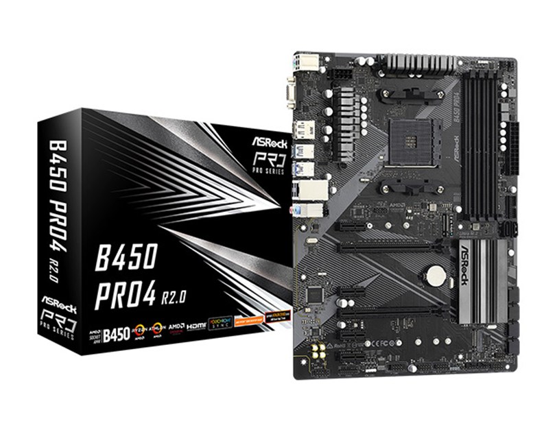 ASRock MB B450 PRO4 R2.0, S.AM4, DDR4/3200+ (OC), PCIe 3.0, M.2, G-LAN, VGA/HDMI/DP, ATX