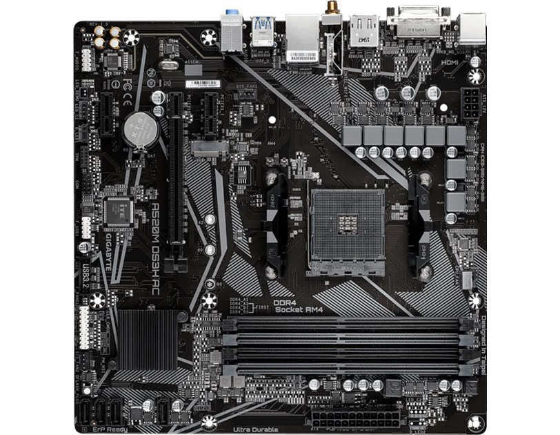 Gigabyte MB A520M DS3H AC, S.AM4, 4xDDR4/4733(OC), PCIe 3.0, G-LAN, HDMI/DP/DVI-D, WiFi, mATX