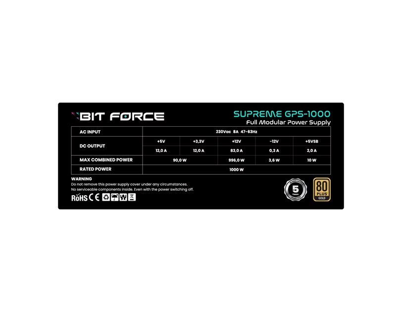 BIT FORCE napajanje 1000W 80+ GOLD SUPREME GPS-1000, modularno, ATX 3.1, PCI-E 5.1, FDB
