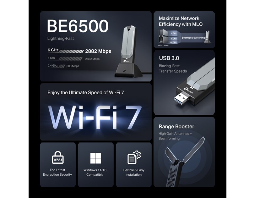 TP-Link BE6500 Archer TBE400UH Wi-Fi 7 High Gain Wireless USB Adapter, 2882Mbps/2882Mbps/688Mbps (2.4GHz/5GHz/6GHz), 2× High-Gain Tri-Band Antennas