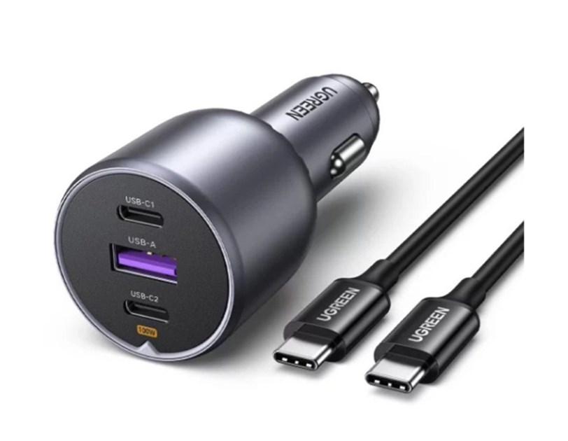 UGREEN auto punjač, 130W, 2x USB-C, USB-A, PD, sivi