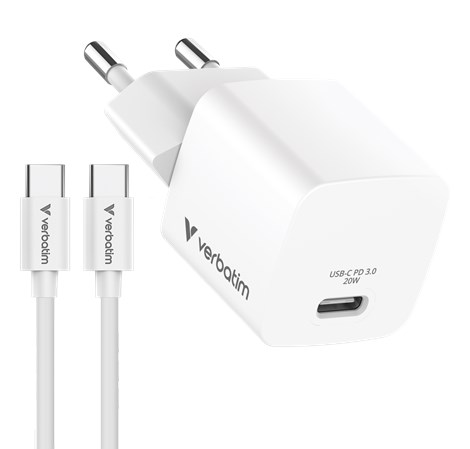 Verbatim Mini GaN punjač 20W PD3.0  s kabelom USB-C / USB-C, M/M, 1.0m , bijeli