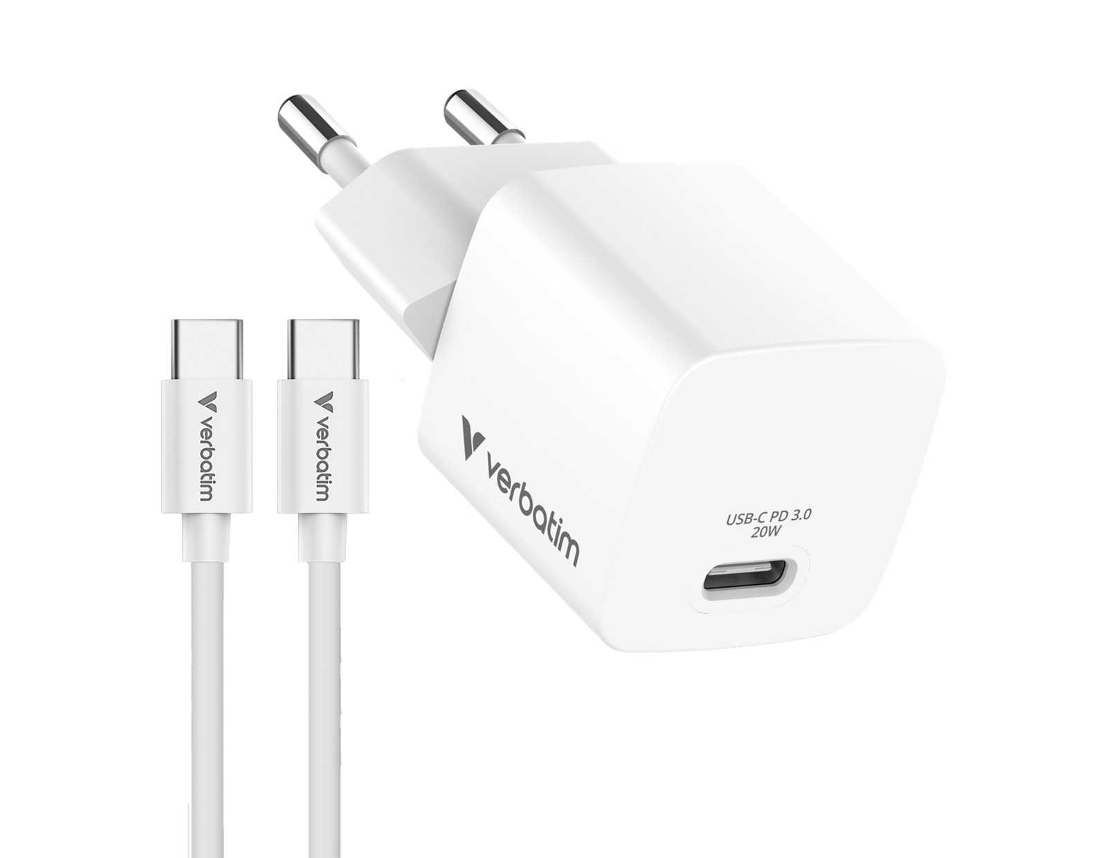Verbatim Mini GaN punjač 20W PD3.0 s kabelom USB-C / USB-C, M/M, 1.0m , bijeli