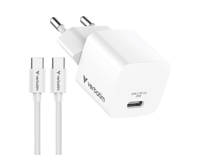 Verbatim Mini GaN punjač 20W PD3.0  s kabelom USB-C / USB-C, M/M, 1.0m , bijeli