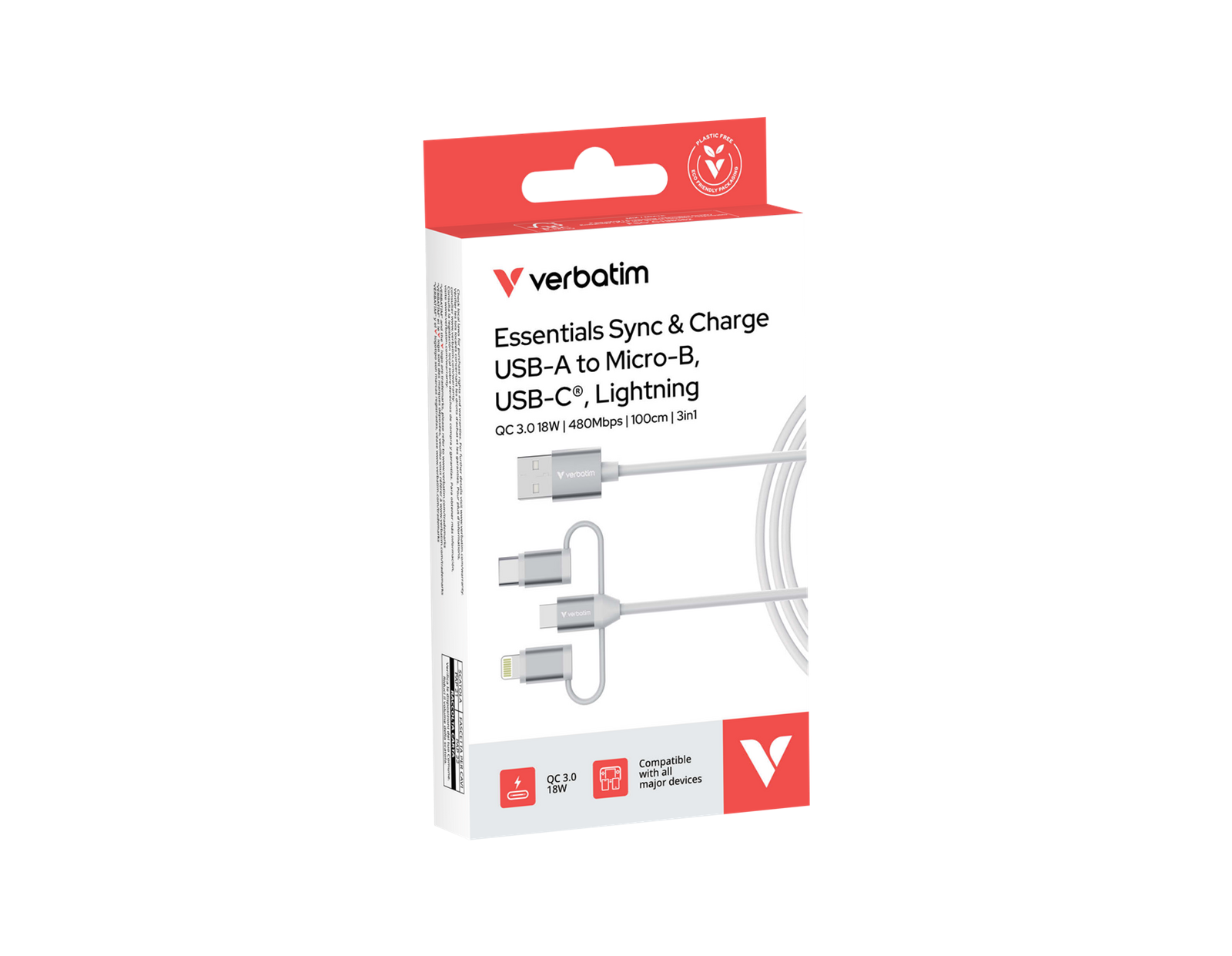 Verbatim Sync & Charge kabel 3-u-1 USB-A na Micro-B/USB-C/Lightning, M/M, 18W, bijeli, 1.0m
