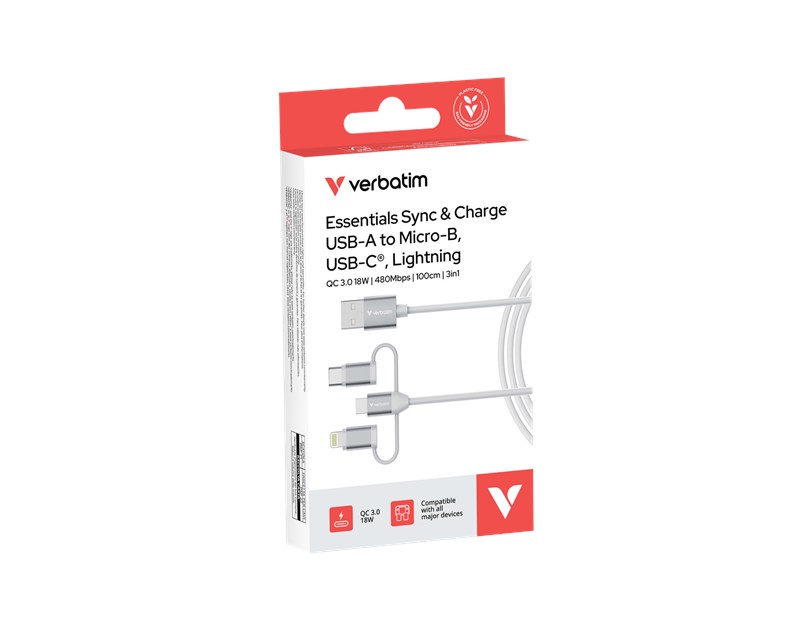 Verbatim Sync & Charge kabel 3-u-1 USB-A na Micro-B/USB-C/Lightning, M/M, 18W, bijeli, 1.0m