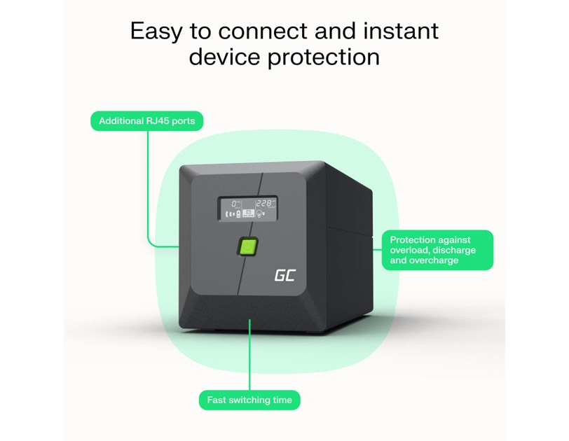 Green Cell UPS (UPSLP480) 750VA/480W, Pure sine wave, Line Interactive AVR, PowerProof with LCD