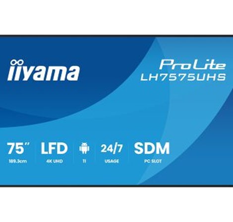 IIYAMA 75" LH7575UHS-B2AG 4K UHD (3840x2160) IPS Signage 24/7, 500 cd/m2, 1200:1, Android OS, E-Share, iiSignage2