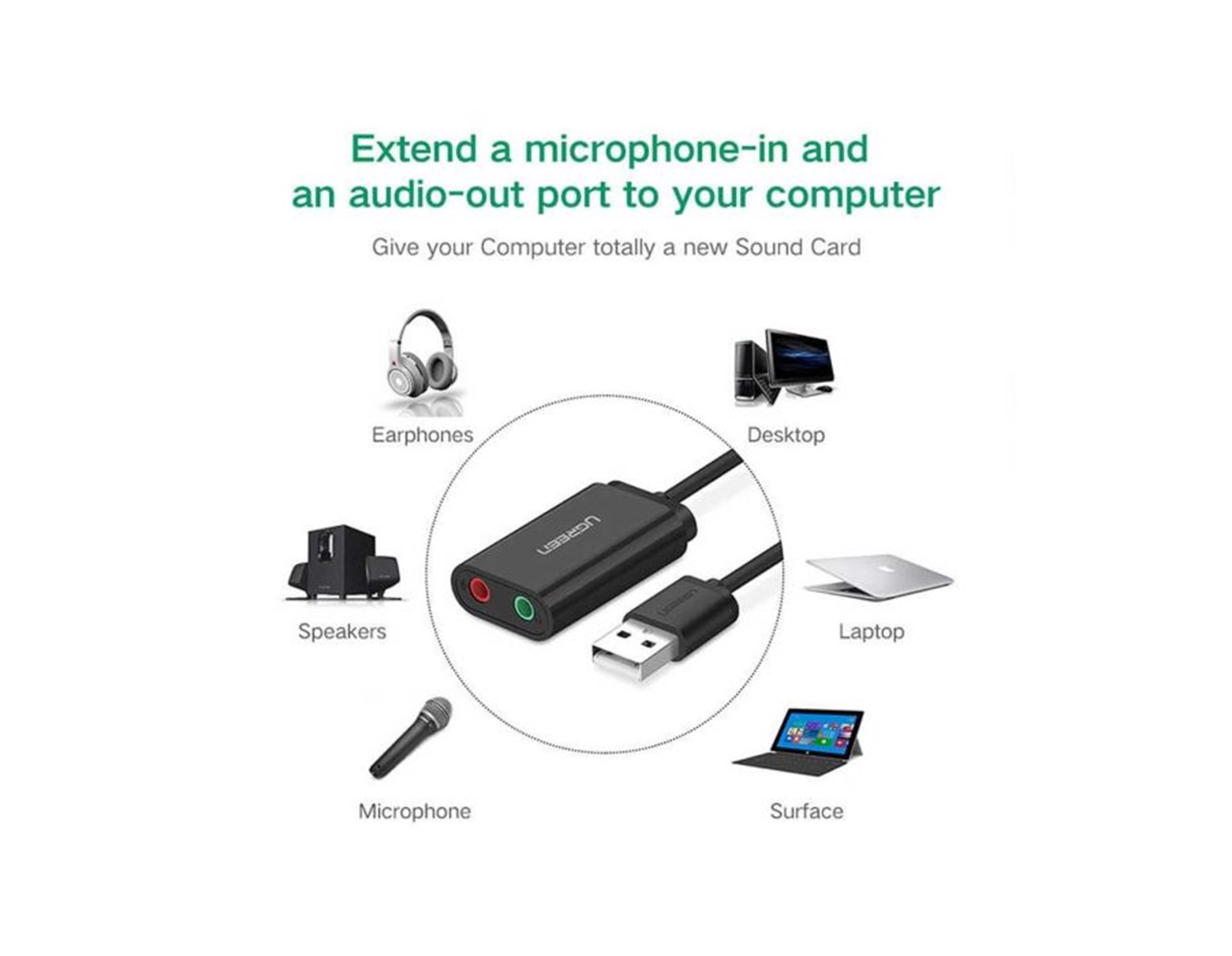 UGREEN audio adapter USB-A na 3.5mm, crni, 15cm