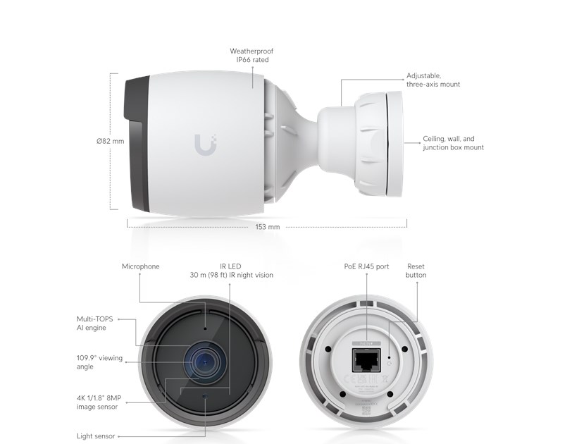 Ubiquiti UniFi G6 Bullet UVC-G6-Bullet 4K 8MP PoE nadzorna kamera, IR 30m, AI prepoznavanje, IP66, IK04, bijela