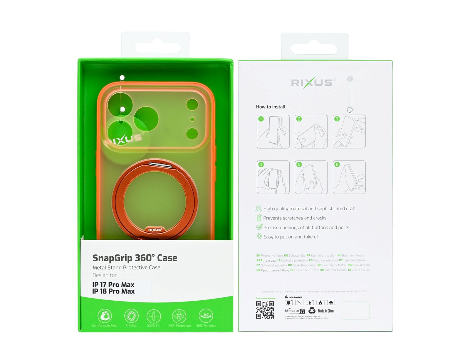 Rixus SnapGrip 360 Case For Apple iPhone 17 Pro Max, 18 Pro Max Orange