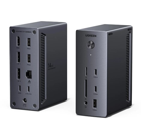 UGREEN Revodok Pro 14-u-1 USB-C, 2×DP, G-LAN, 2×USB-C (10Gbps), 2×USB-A (5Gbps)/1×USB-A (10Gbps), SD/TF, Audio, 100W PD