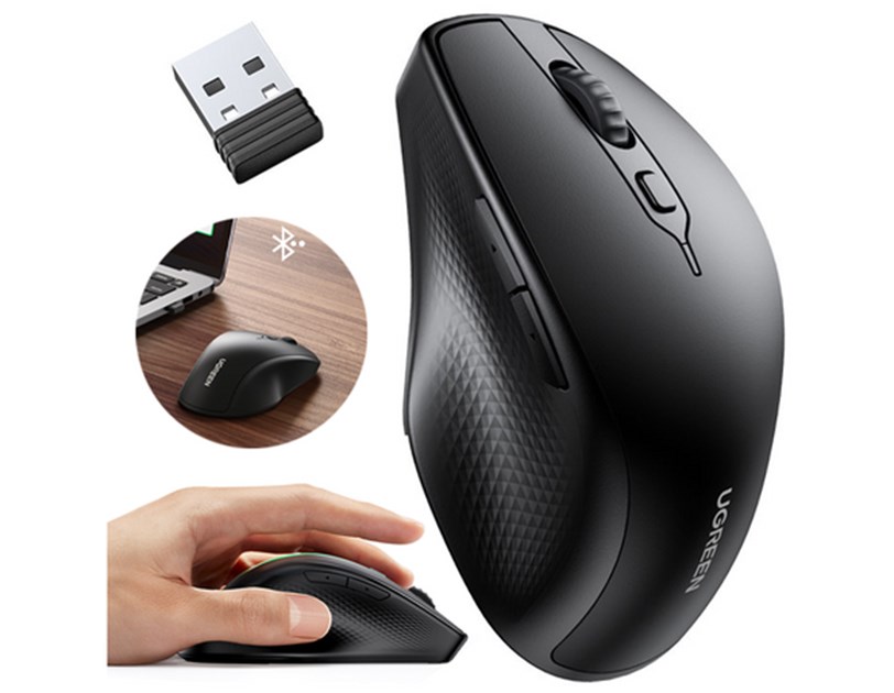 UGREEN MU101 ergonomski bežični miš, Dual Mode, Bluetooth 5.0 i 2,4 GHz, 4000 DPI, crni